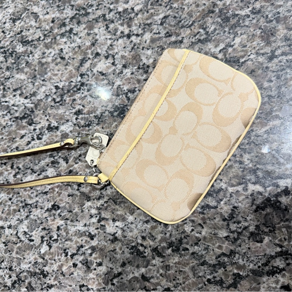 Coach Signature Beige Wristlet with Yellow Trim